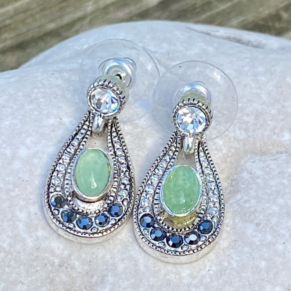 Genuine Aventurine marcasite drop earrings silver plated